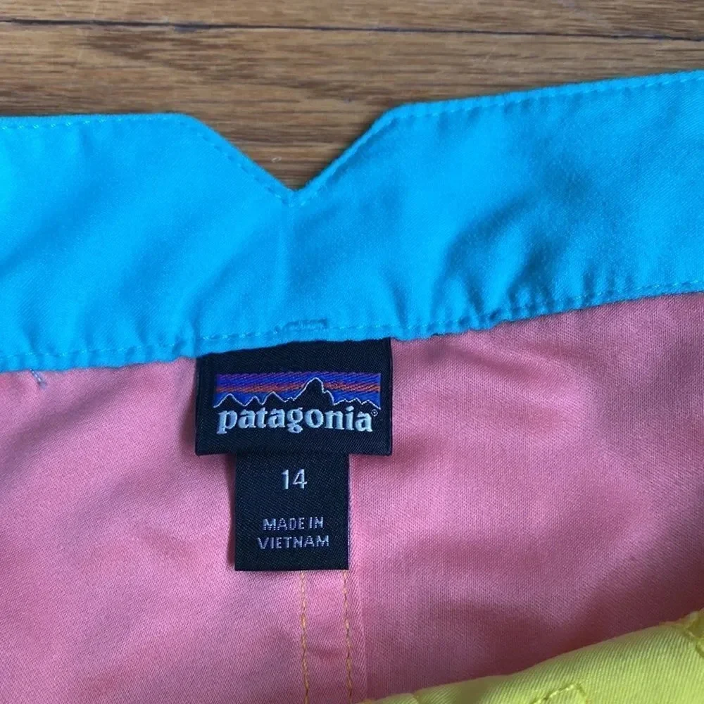Patagonia sz 14 water shorts tie yellow pink blue Velcro + open pockets snap fly